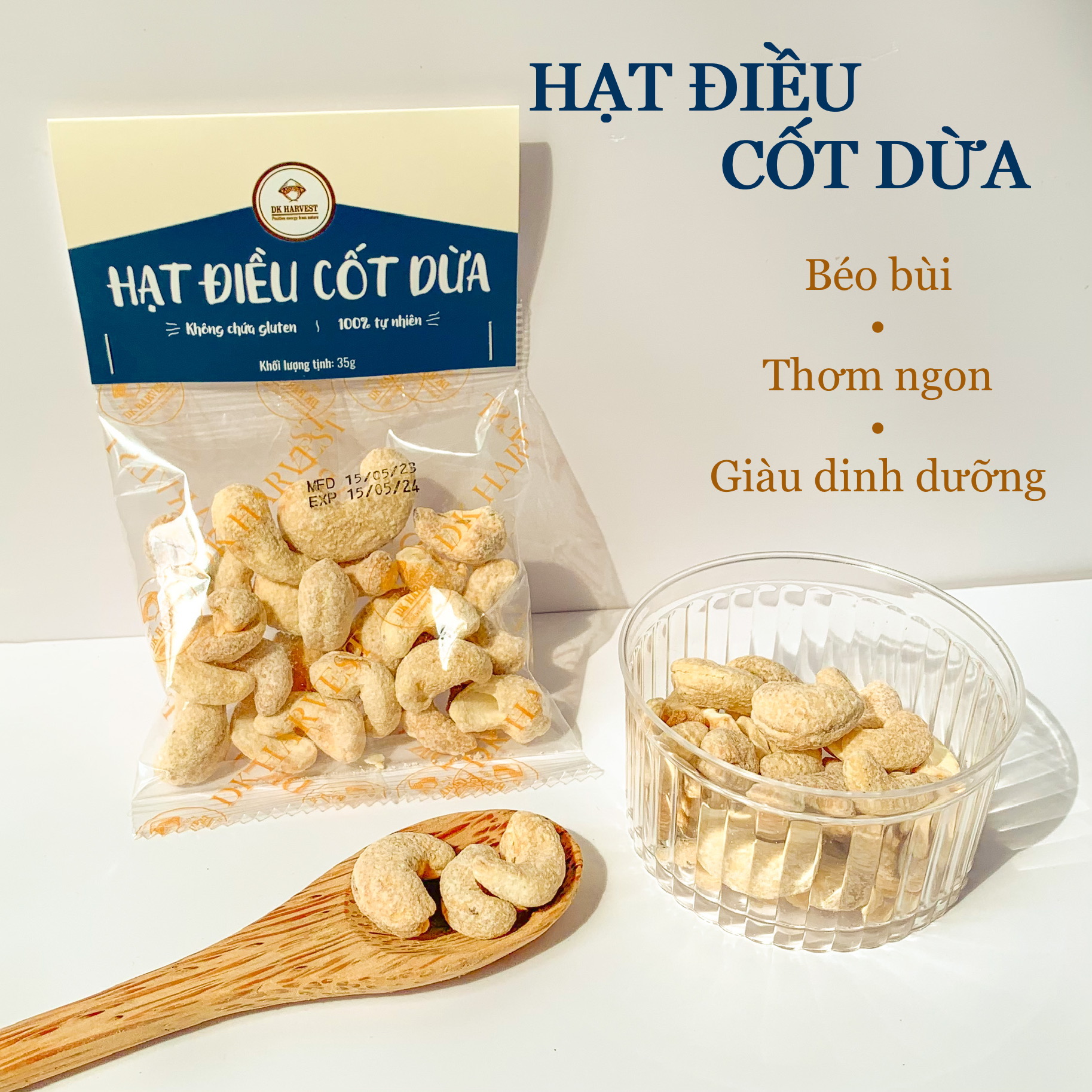 Snack hạt điều rang cốt dừa DK Harvest - không chất bảo quản, Ăn kiêng, Ăn vặt healthy, Lành mạnh, Eat clean (túi 35g)