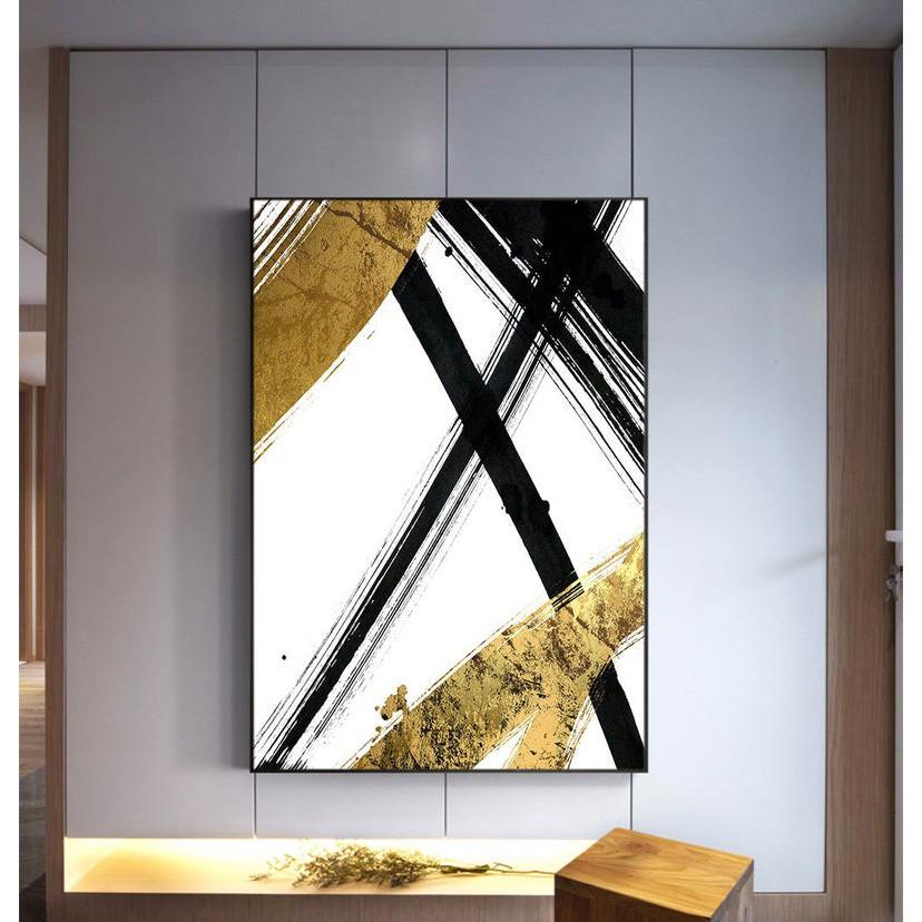 Tranh Canvas Cao Cấp Tranh trừu tượng Black and gold Brushstroke, harsh slashing large wall art, Scandinavian Art