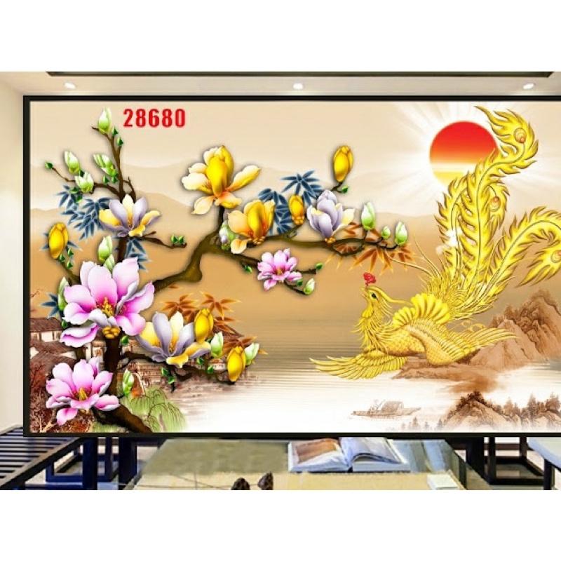 tranh dán tường hoa phù dung phượng hoàng lửa 3d.in vải lụa KT120x80 cm.nhận in kích thước theo yêu cầu liên hệ zalo