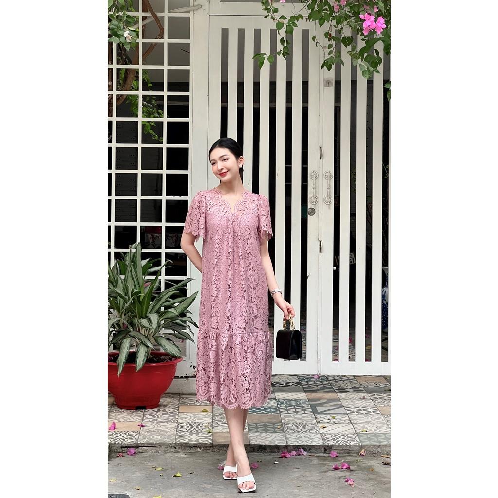 SHEAZ Đầm ren hồng dài midi dáng suông dáng bầu tay ngắn cổ V