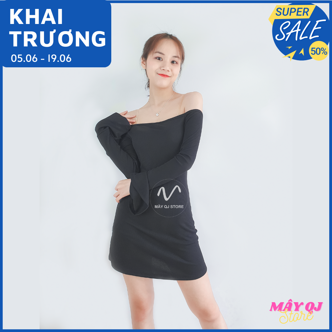 Đầm Body Trễ Vai Nữ Ôm Dáng Chữ A Tay Dài Xòe Chất Vải Thun Gân Mềm Mịn Quyến Rũ Sang Trọng Freesize <58kg