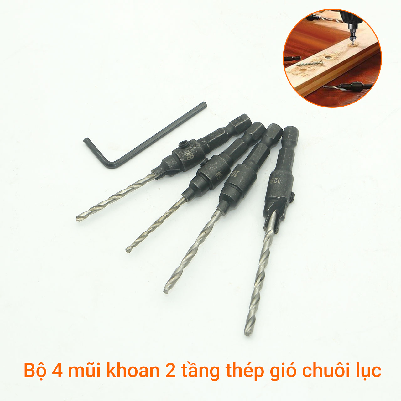 Bộ 4 mũi khoan 2 tầng chỉnh cữ 2.38-3.56 mm thép gió chuôi lục