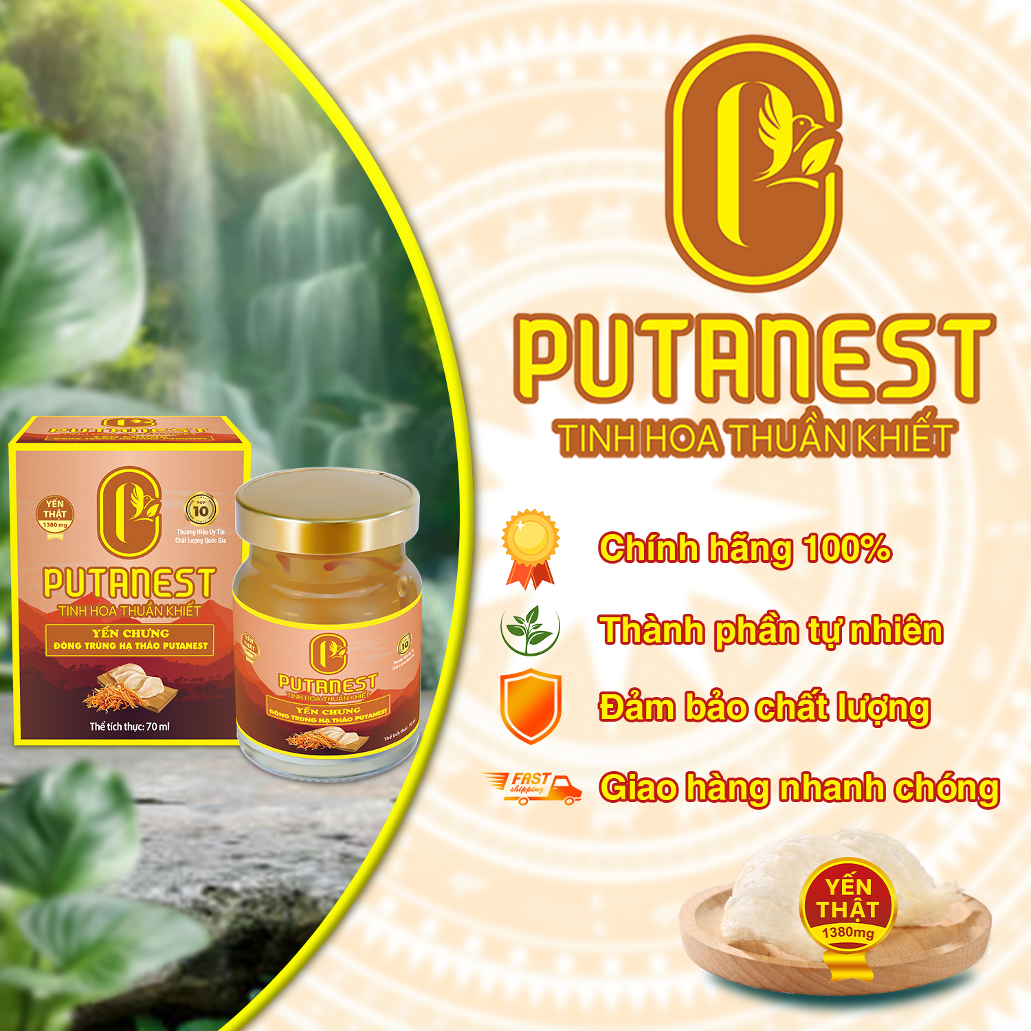 Yến chưng Đông trùng hạ thảo PUTANEST hộp quà tặng cao cấp 12 hũ 70ml đẹp da tăng sức đề kháng