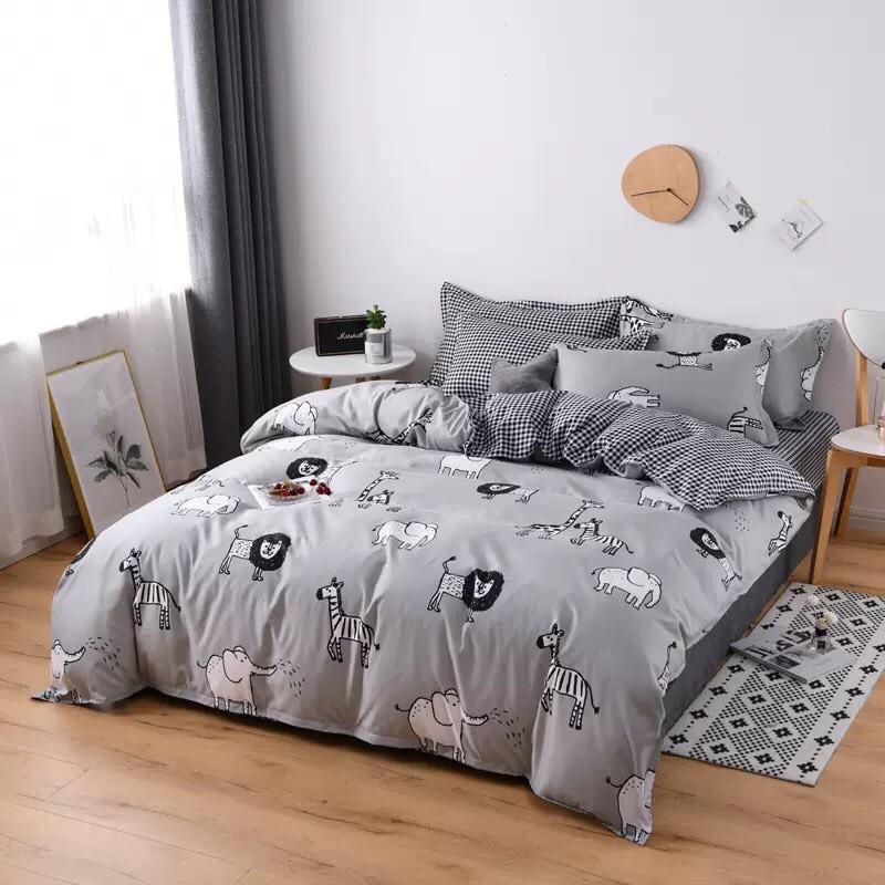 Bộ chăn ga Cotton Poly M2T bedding chăn ga Hàn Quốc họa tiết vườn bách thú đủ size miễn phí bo chun