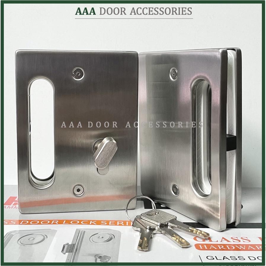 Khóa cửa kính 2 cánh tay nắm âm vuông HAMMERED - Khoá cửa kính cường lực INOX304 mờ
