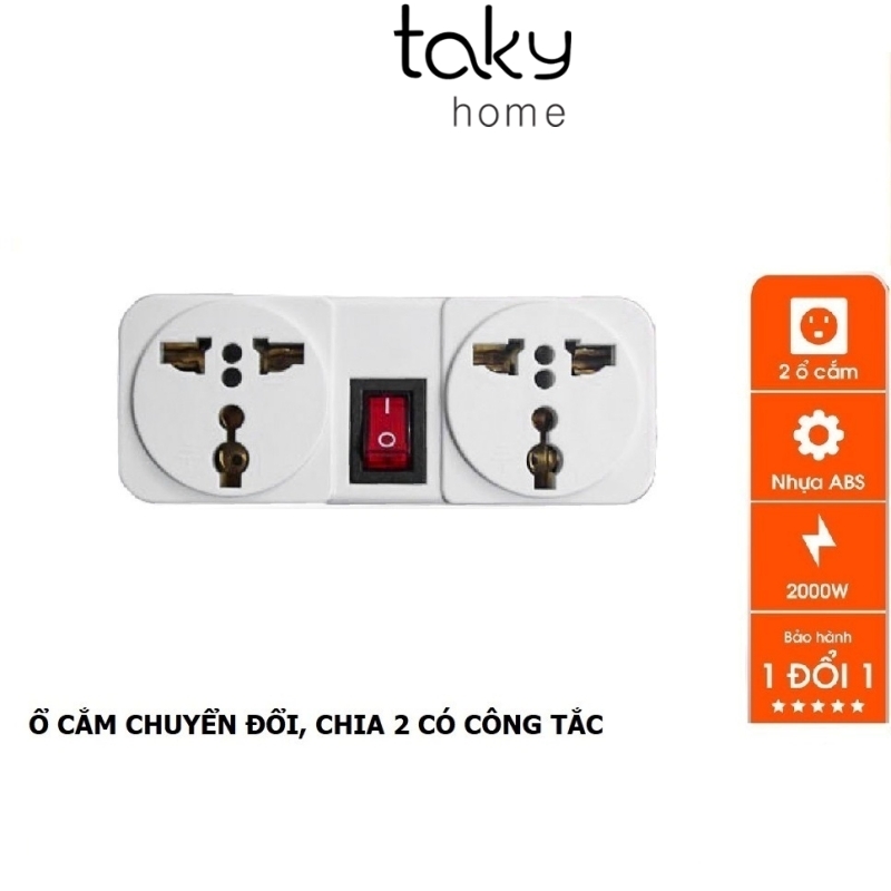 Phích Cắm Chia 2 Ổ Cắm Kèm Công Tắc, Chuyển Từ 1 Ổ Sang 2 Ổ 3 Chấu, Công Suất 2000W, ABS chống cháy - TakyHome 8606