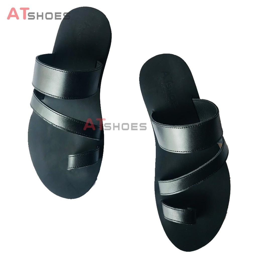 Dép Sandal Dép Xỏ Ngón Da Bò Thật Sandal Xỏ Ngón Nam Nữ Trẻ Trung Đế Caosu Chống Nước XNSG22 (Đen - Đen đế vàng