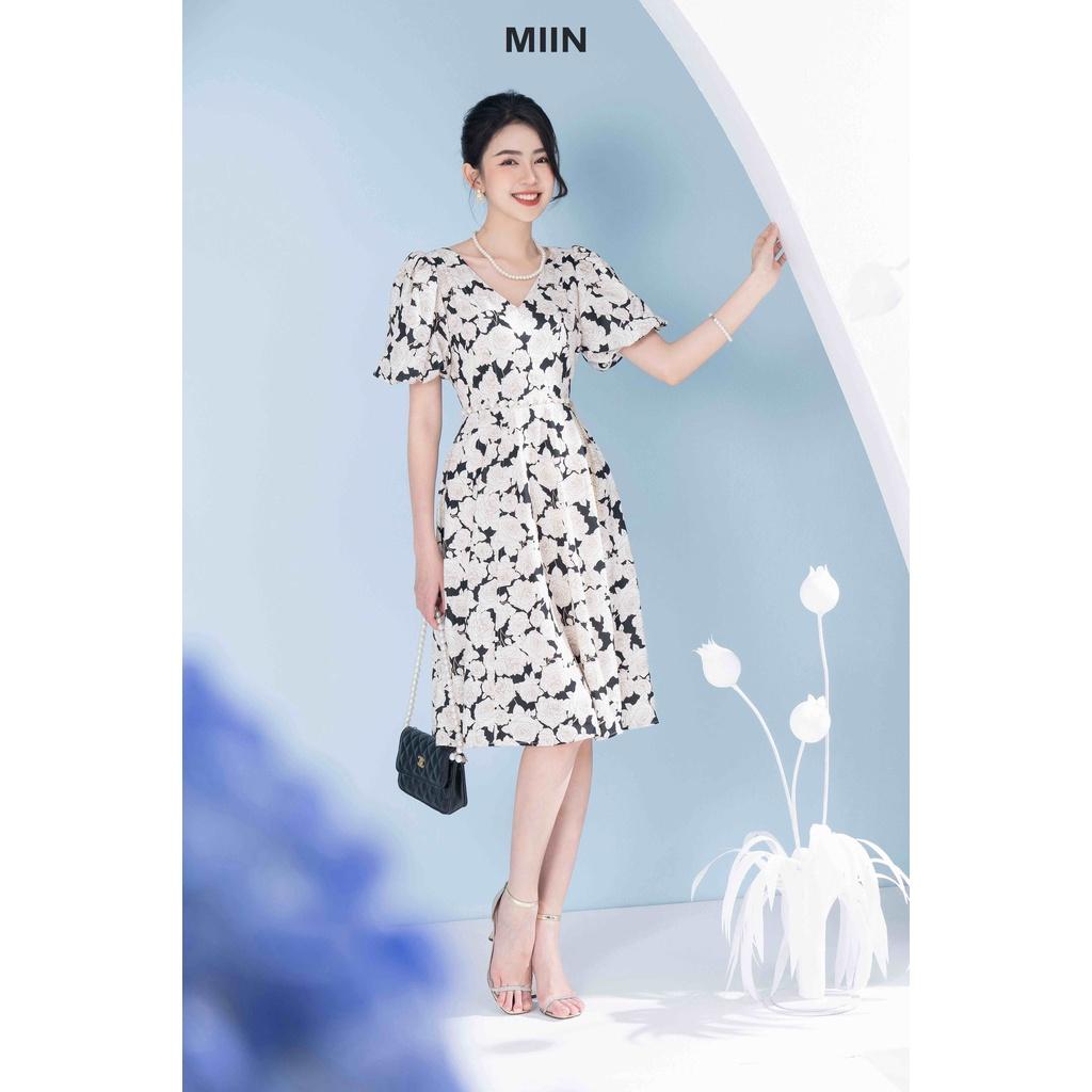 D00443 - Đầm thiết kế tay bồng cổ tim cao cấp hoa hồng sang trọng Miu Store