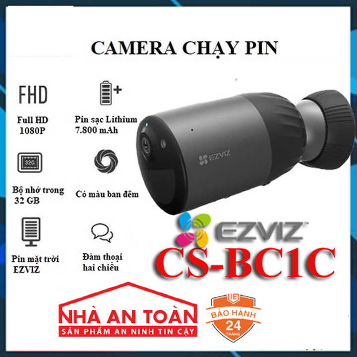 Camera IP Wifi 2MP ngoài trời dùng pin EZVIZ CS-BC1C kèm pin mặt trời  CS-CMT-Solar hàng chính hãng Nhà An Toàn