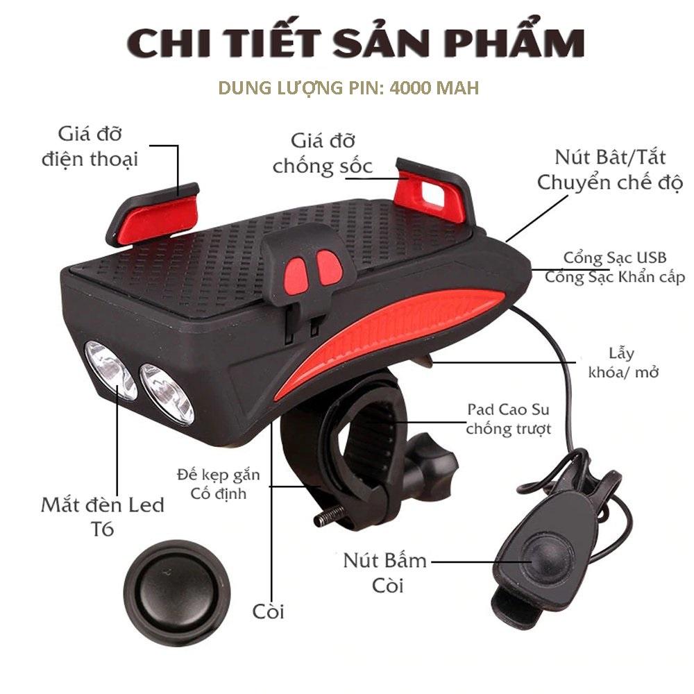 Đèn pin xe đạp thể thao HANBIKE siêu sáng chống nước kèm còi sạc usb có kẹp điện thoại tiện dụng có ảnh thật