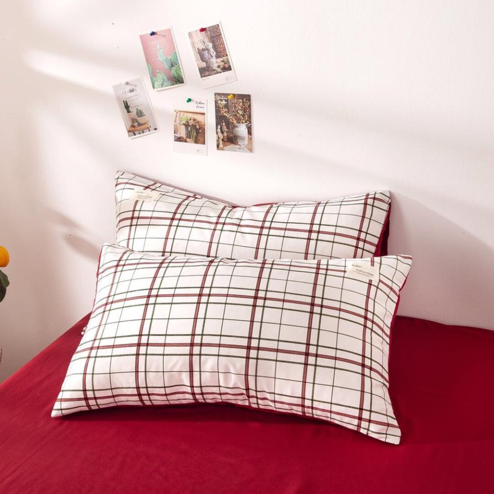 Bộ Chăn Ga Gối Cotton TC - Kẻ ô ga đỏ