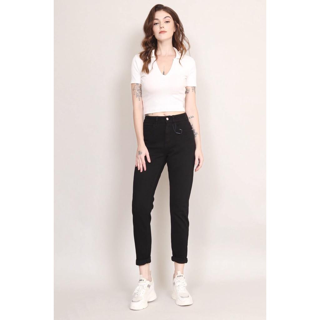 Quần jean nữ Baggy lưng cao dáng BoyFriend 90 cm 2 màu đen chất co giãn không phai màu