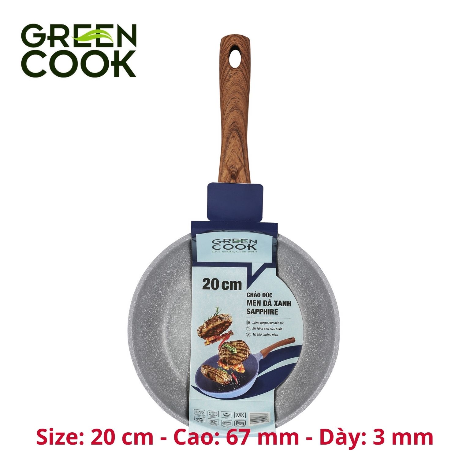 Chảo chống dính đáy từ, chảo đúc men đá xanh sapphire Green Cook GCP09 công nghệ Hàn Quốc_Hàng chính hãng