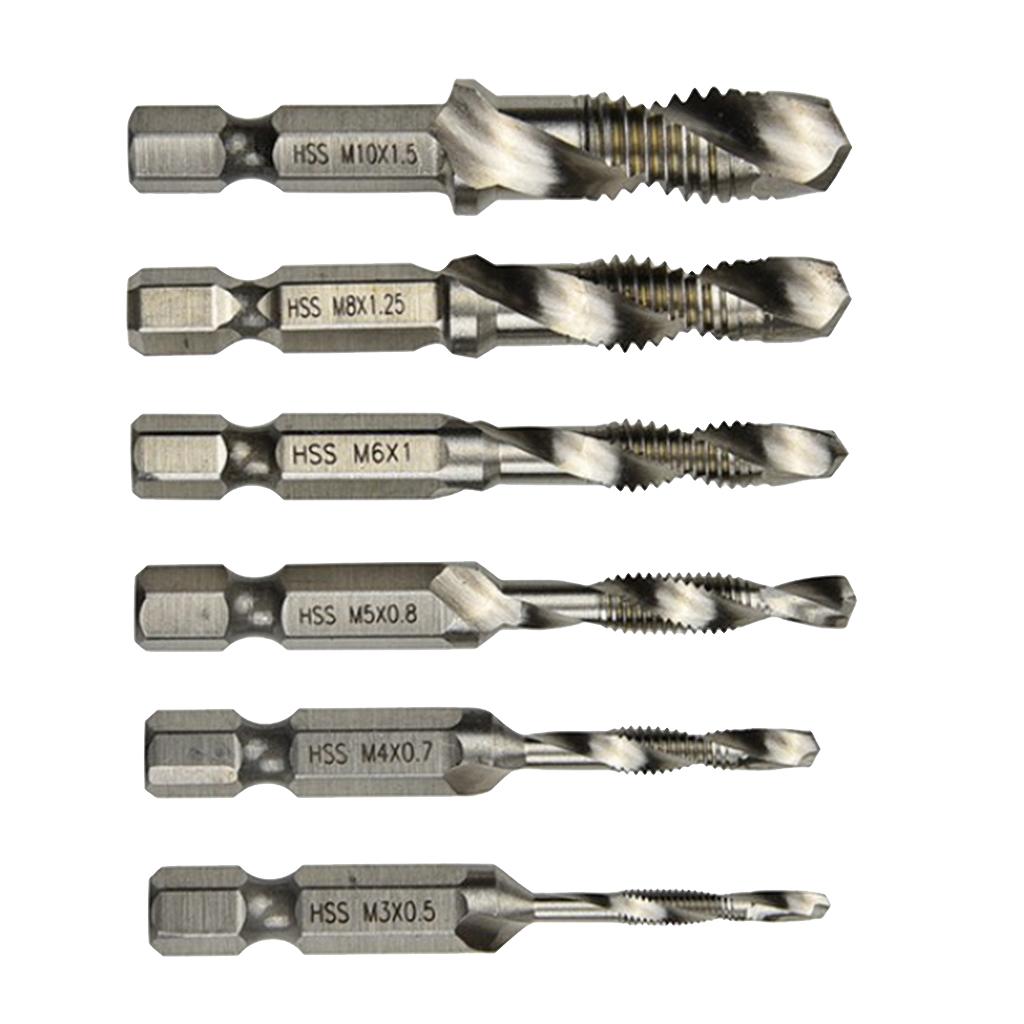 6pcs Quick Change HEX Shank Twist Drill and Bit set - metal M3-M10 Silver