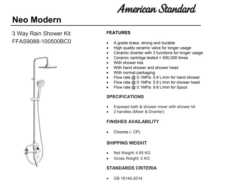 Bộ cây sen phun mưa American Standard Neo Modern WF-9088 (FFAS9088) có mỏ vòi xả