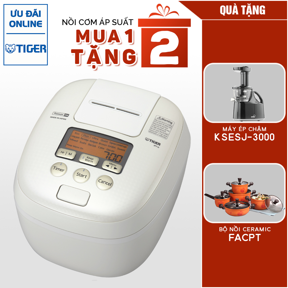 Nồi cơm cao tần áp suất kép Tiger JPT-H10S (1.0L) Tặng Bộ nồi nhà bếp PN FACPT + Máy ép chậm Kochstar KSESJ-3000 - Hàng Chính Hãng