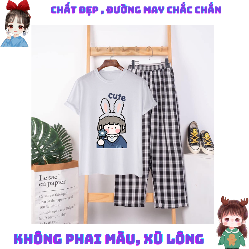 Sét Bộ Nữ SS17, Sét Đồ Nữ Đi Chơi Đẹp In Cô Gái Thỏ Dễ Thương,Sét Áo Vải Cotton, Hình In Sắc Nét Và Quần Kẻ Màu Cá Tính