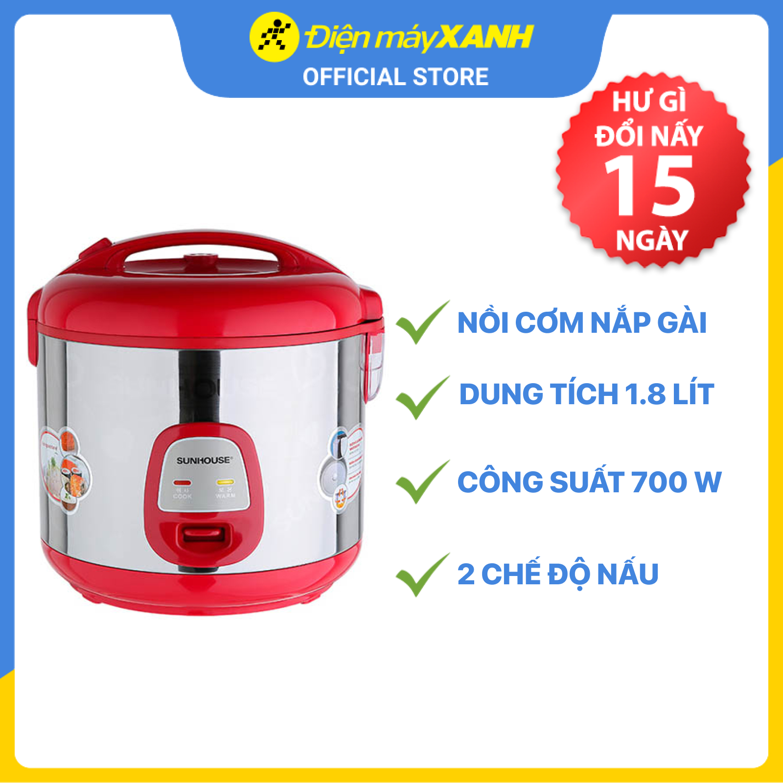 Nồi Cơm Điện Sunhouse SHD 18S (1.8L) - Màu Ngẫu Nhiên - Hàng chính hãng