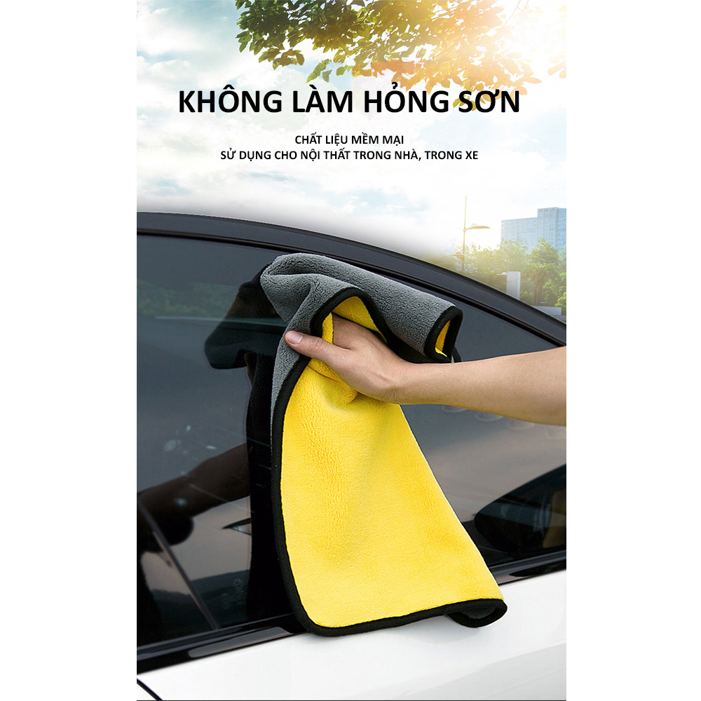 Khăn lau rửa xe ô tô hai mặt vàng xám mật độ cao khăn dày, mềm, mịn, thấm hút tốt kích thước 30x30 và 30x60 cm