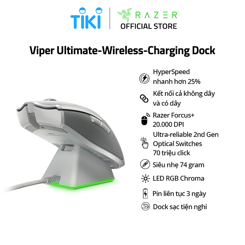 Chuột Razer Viper Ultimate-Wireless-Charging Dock-Trắng(Mercury)_RZ01-03050400-R3M1- HÀNG CHÍNH HÃNG