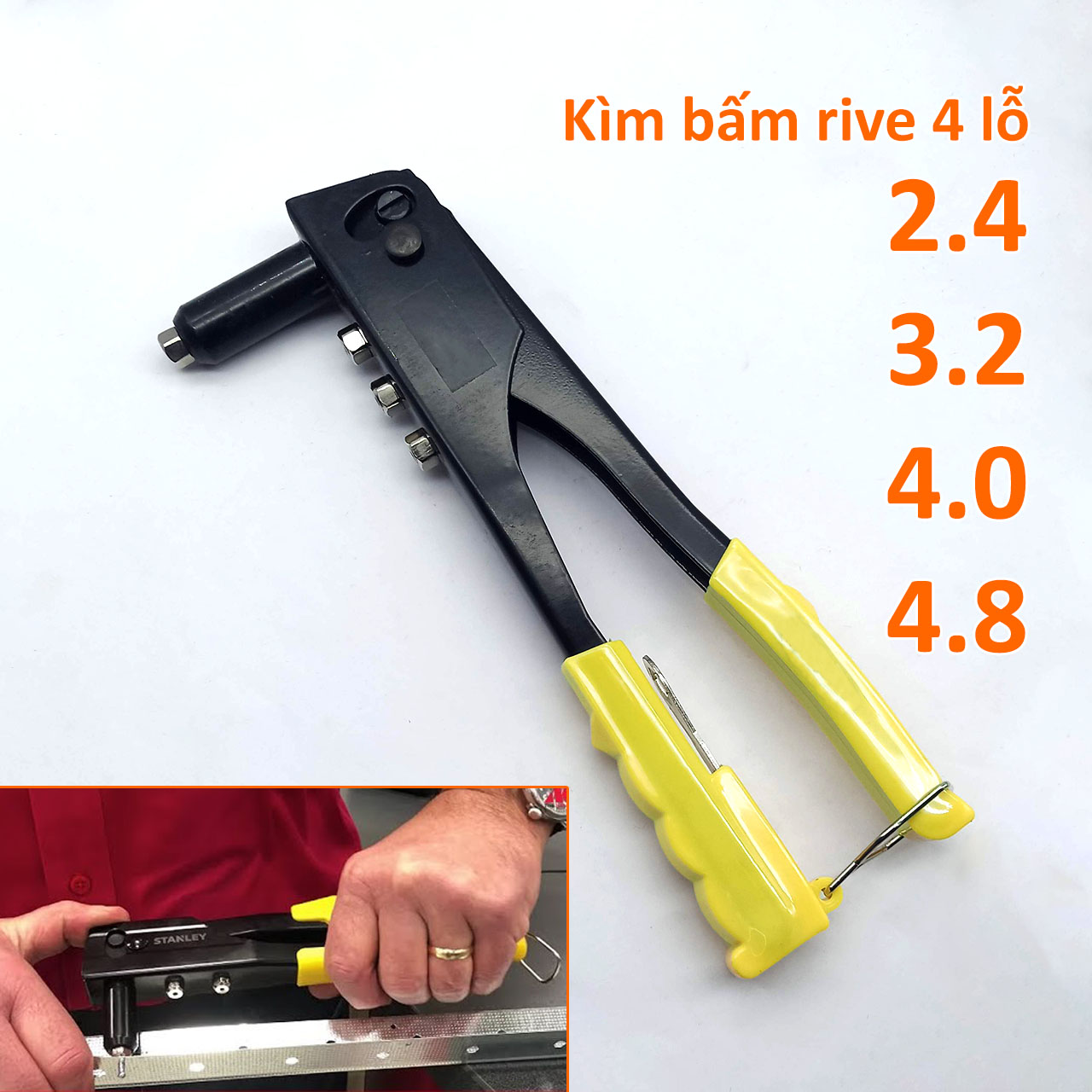 Kìm bấm rive 4 lỗ 3.2-4mm mỏ dài cán dài 245mm