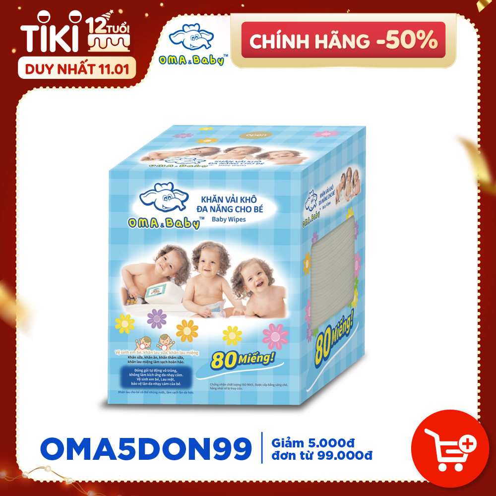 Khăn vải khô đa năng cho bé Oma Baby ( 1 Hộp/ 80 Miếng) - Oma &amp; Baby Premium Baby Dry Multi-Functional Cloths ( 80 cloths per box)
