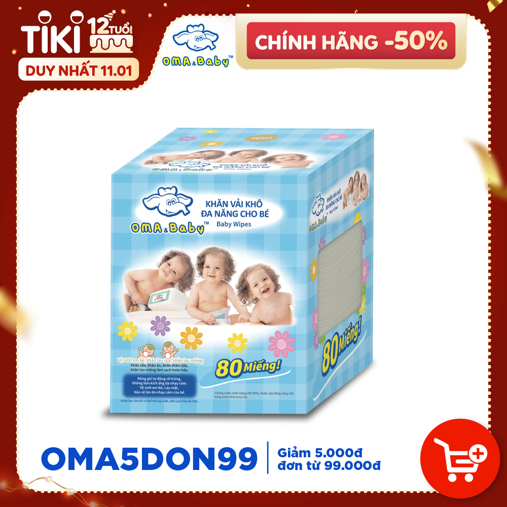 Combo thùng mini 2 hộp khăn vải khô đa năng cho bé và 5 Gói Khăn ướt làm sạch tinh khiết dành cho bé Oma&Baby với công thức Chlorhexidine Digluconate kháng khuẩn an toàn, dịu nhẹ trong khăn ( 85 tờ*3 + 25 tờ*2)