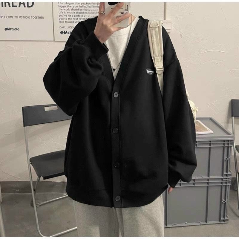 Áo khoác Cardigan nữ THÊU LOGO chất nỉ dày dặn phối nút 2 túi rộng nam nữ unisex