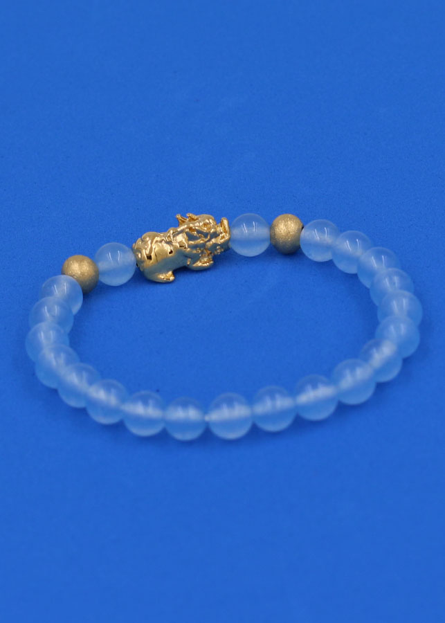 Vòng đeo tay Thạch Anh Xanh Biển 6 ly cẩn Tỳ Hưu inox vàng VTAXBTHHBV6 - hợp mệnh Mộc, mệnh Thủy