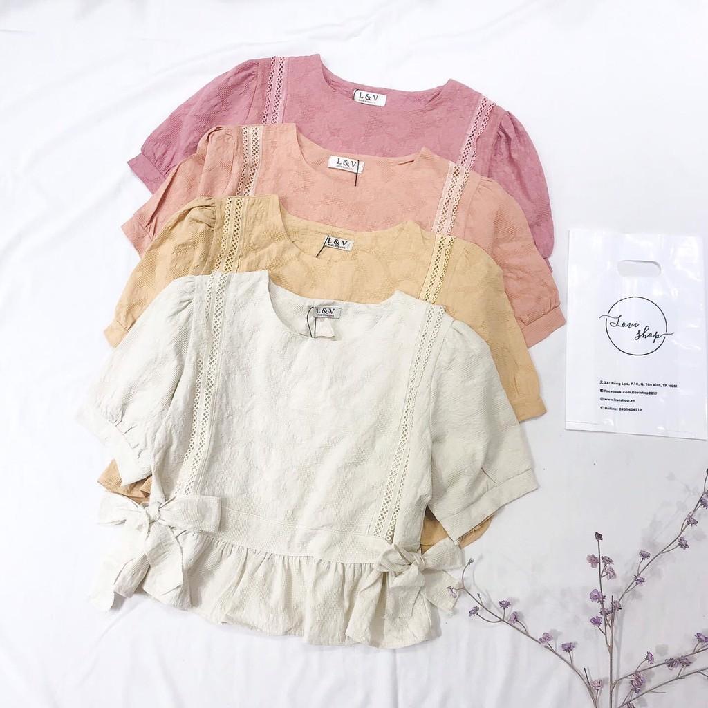 Áo xô thêu babydoll 2 nơ Áo xô ren cột nơ 2 bên nhiều màu Lovi