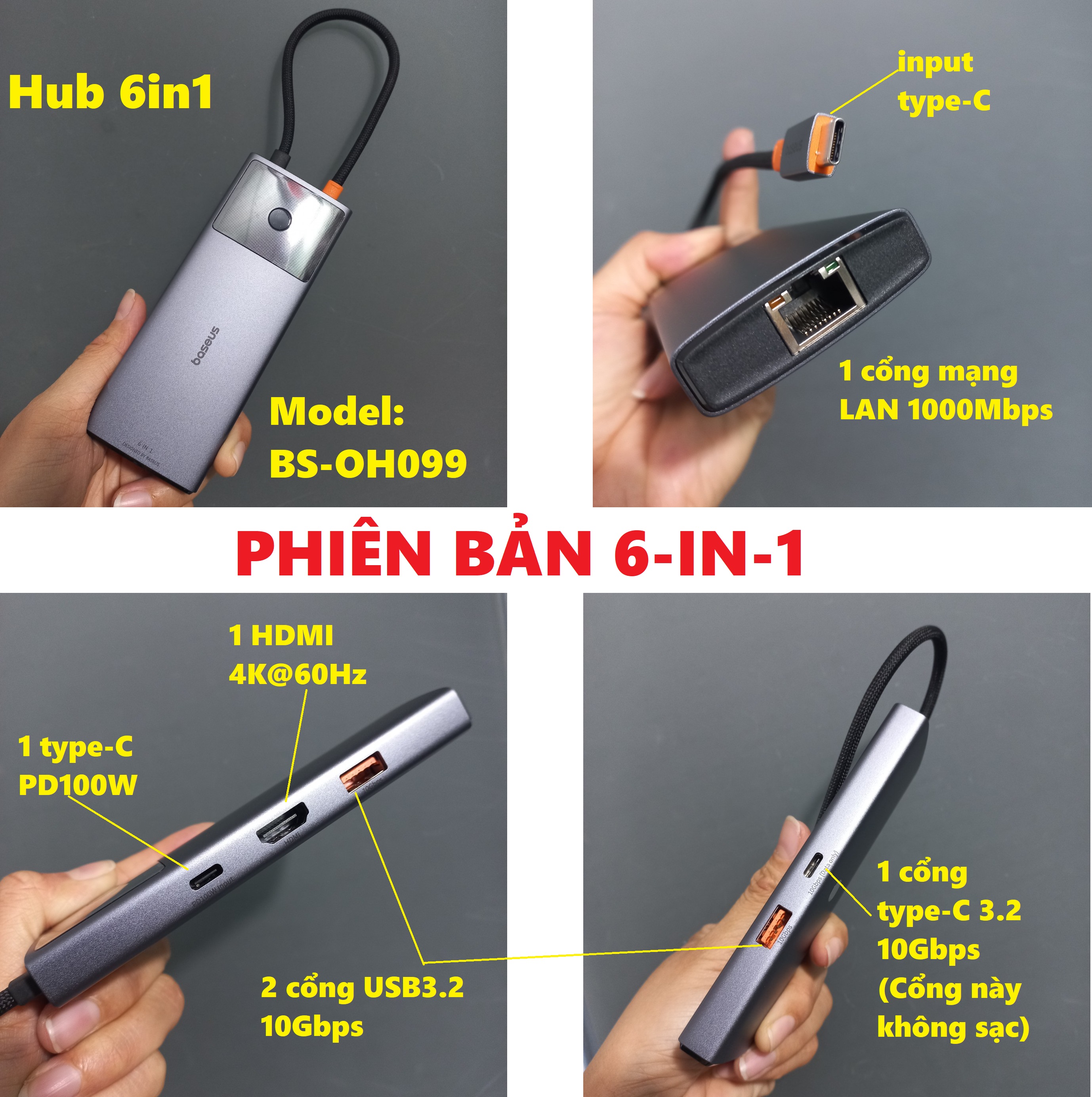 Hub C thiết bị mở rộng cổng 6in1 / 10in1 cho macbook laptop type-C Baseus Metal Gleam II BS-OH084 _ hàng chính hãng