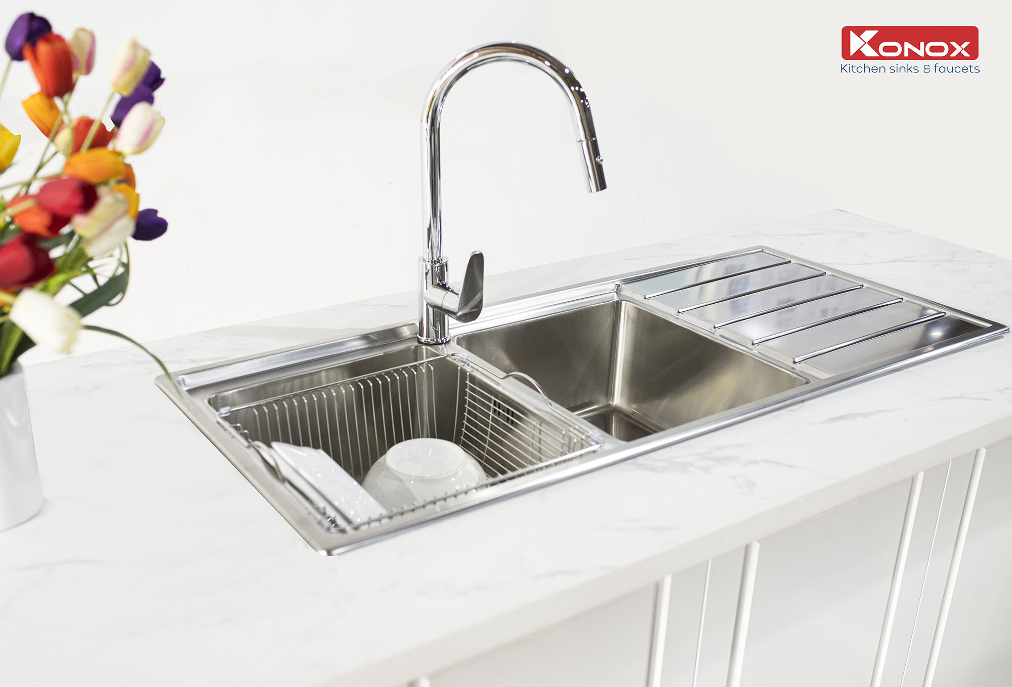 Chậu rửa bát Konox, European Series, Model Premium KS11650 2B , Inox 304AISI tiêu chuẩn châu Âu, 1160x500x215(mm), Hàng chính hãng