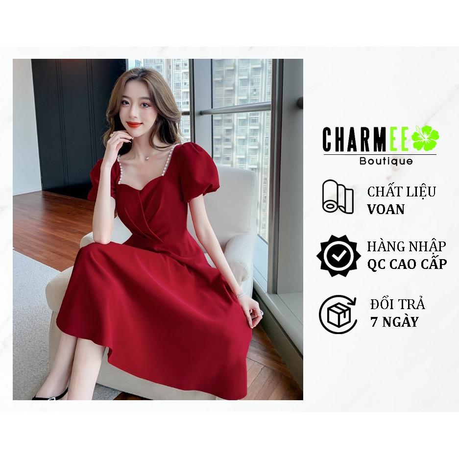 Đầm đỏ cổ thuyền đính dây ngọc