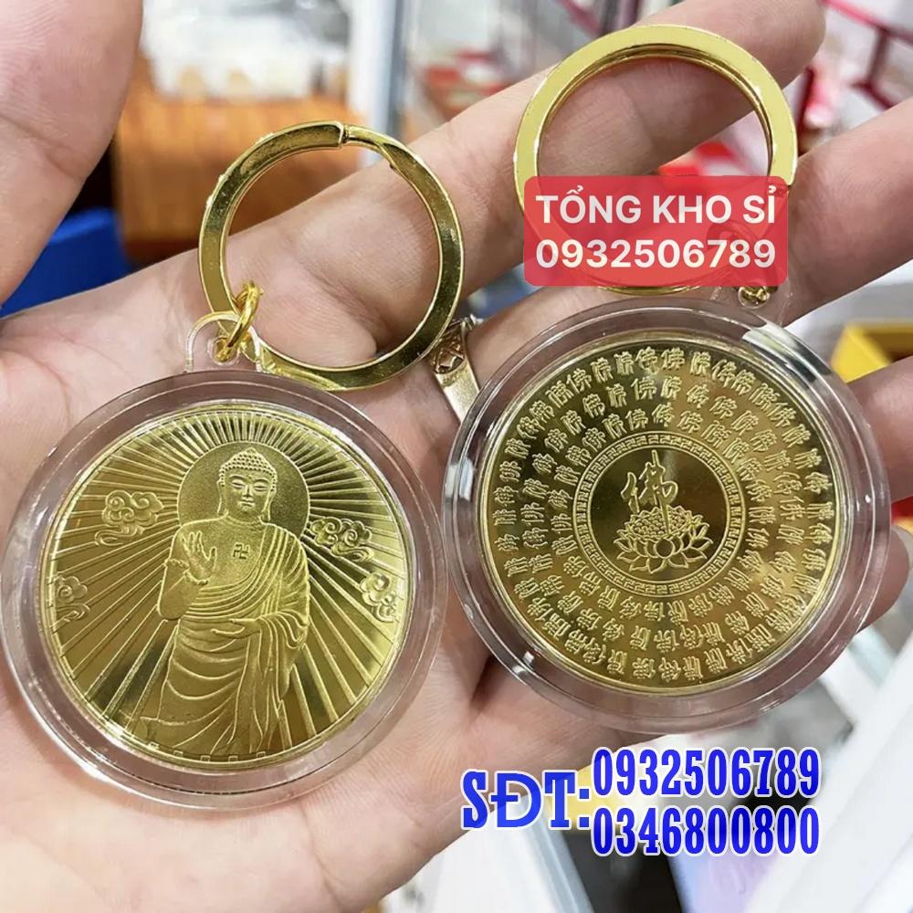 Móc treo chìa khóa xe máy oto Đồng Xu Phật Tổ Như Lai Mạ Vàng Phong Thuỷ May Mắn, mẫu Đứng, Tiền lì xì tết 2023 , NELI