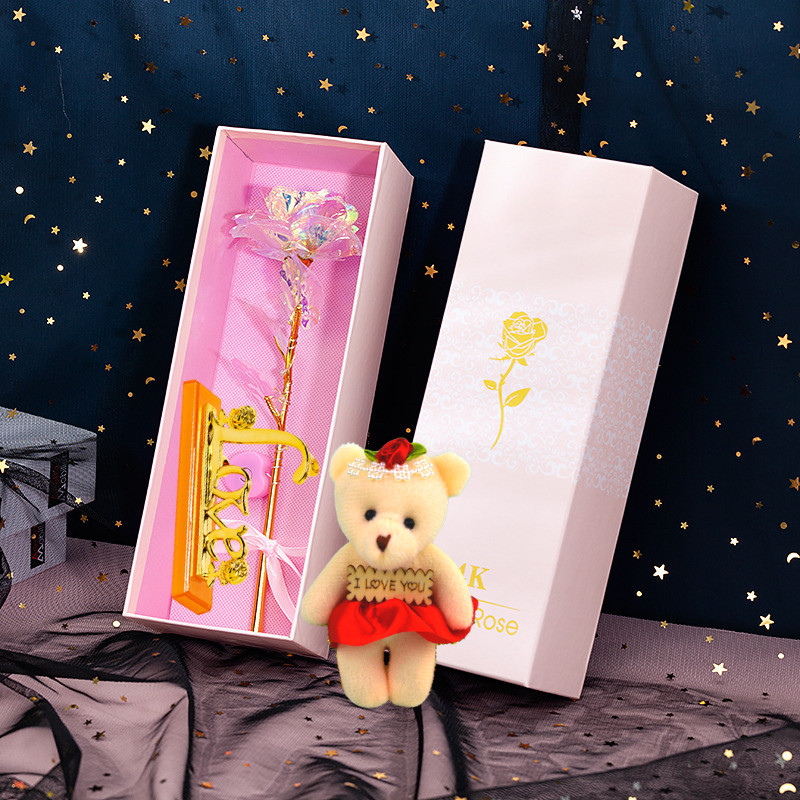 Quà Valentine 2021, Quà 8/3 Ý Nghĩa Tặng Người Yêu, Tặng Bạn Gái, Tặng Vợ - Hoa Hồng Galaxy Phát Sáng Golden Rose Có Đèn Led Đế Chữ Love Và Gấu Bông Nhỏ (New Version)