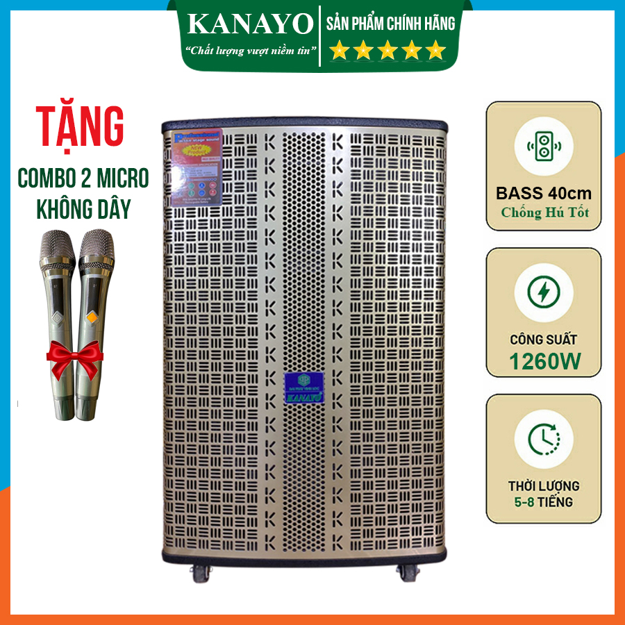 Loa Kéo Karaoke KANAYO K-TP516 Giá Rẻ Công Suất Lớn 1260watt | Loa Kẹo Kéo 4 Tấc | Hàng Chính Hãng | Tặng kèm 2 micro hát karaoke | Bluetooth 5.0