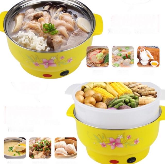 Nồi lẩu điện đa năng mini tròn kèm hấp xửng lòng chảo màu trắng inox 22cm màu vàng , hồng