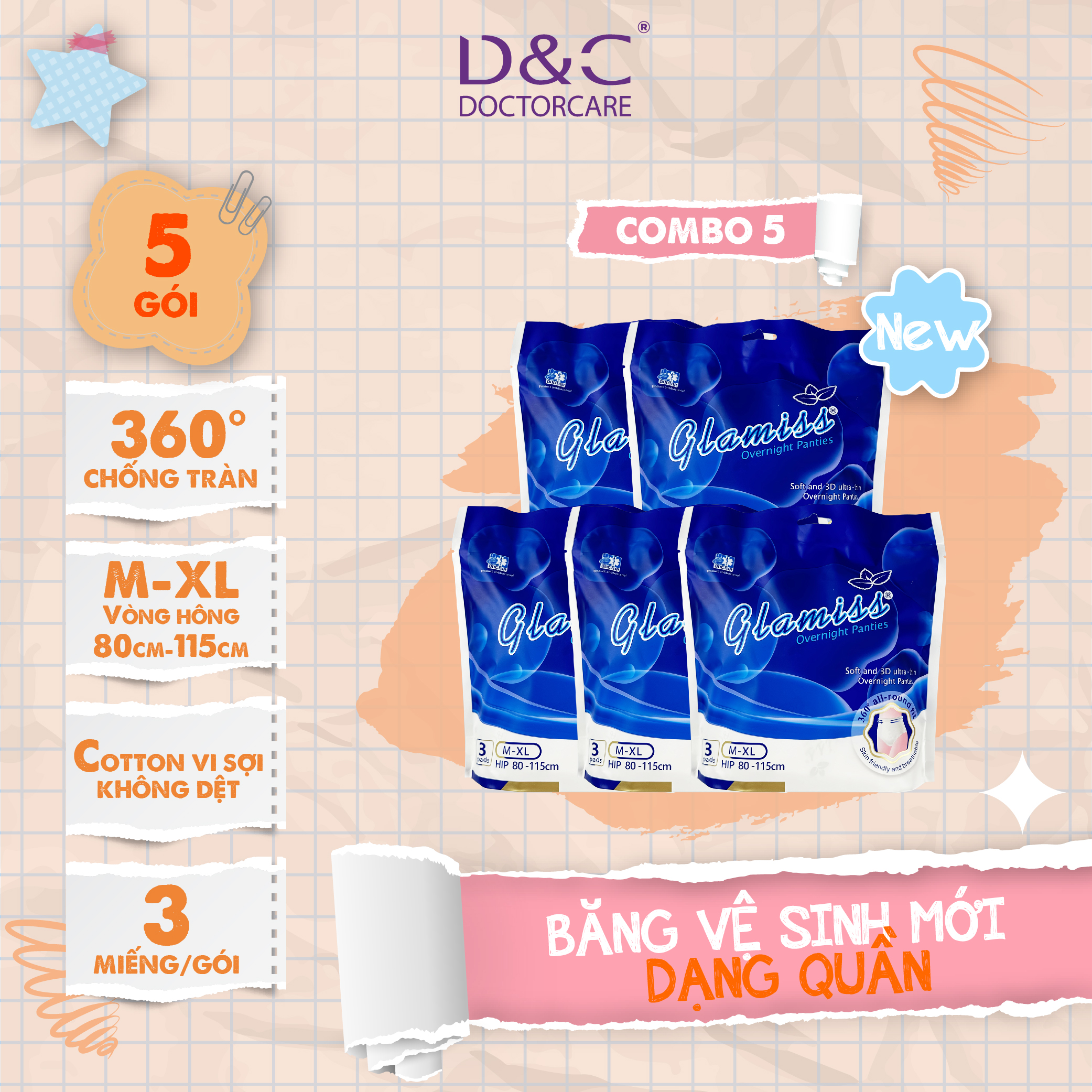 Combo 5 gói băng vệ sinh dạng quần Glamiss ban đêm size M-XL siêu mỏng, bề mặt 2 lớp siêu mềm mịn