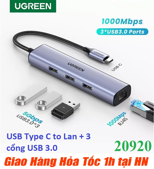 Cáp Chuyển USB-C to LAN 100/1000Mbps Kèm HUB 3 Cổng USB 3.0 Ugreen 20920 - Hàng Chính hãng