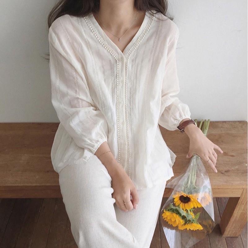 Áo Sơ Mi Nữ Viền Ren Cổ V Tay Bồng Mặc Đi Học Đi Chơi Đi Làm Đều Xinh Nè
