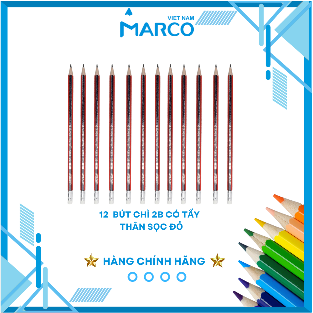 Hộp 12 Bút Chì 2B Có Tẩy Thân Sọc Xanh Đỏ - Marco Bút chì phù hợp thi trắc nghiệm, ngòi chì mềm dễ chuốt, tập viết