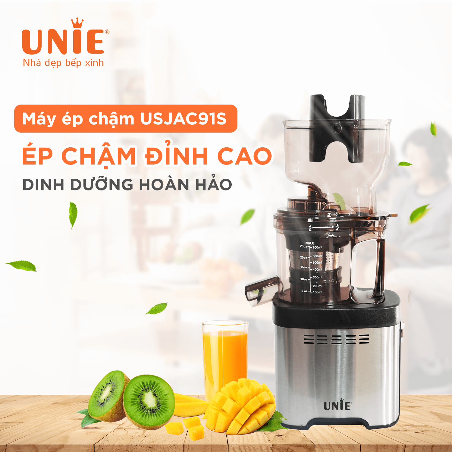 Máy Ép Trái Cây, Máy Ép Chậm Cao Cấp UNIE USJAC91S Tiêu Chuẩn Đức Dung Tích 700 ML Công Suất 400 W - Hàng Chính Hãng