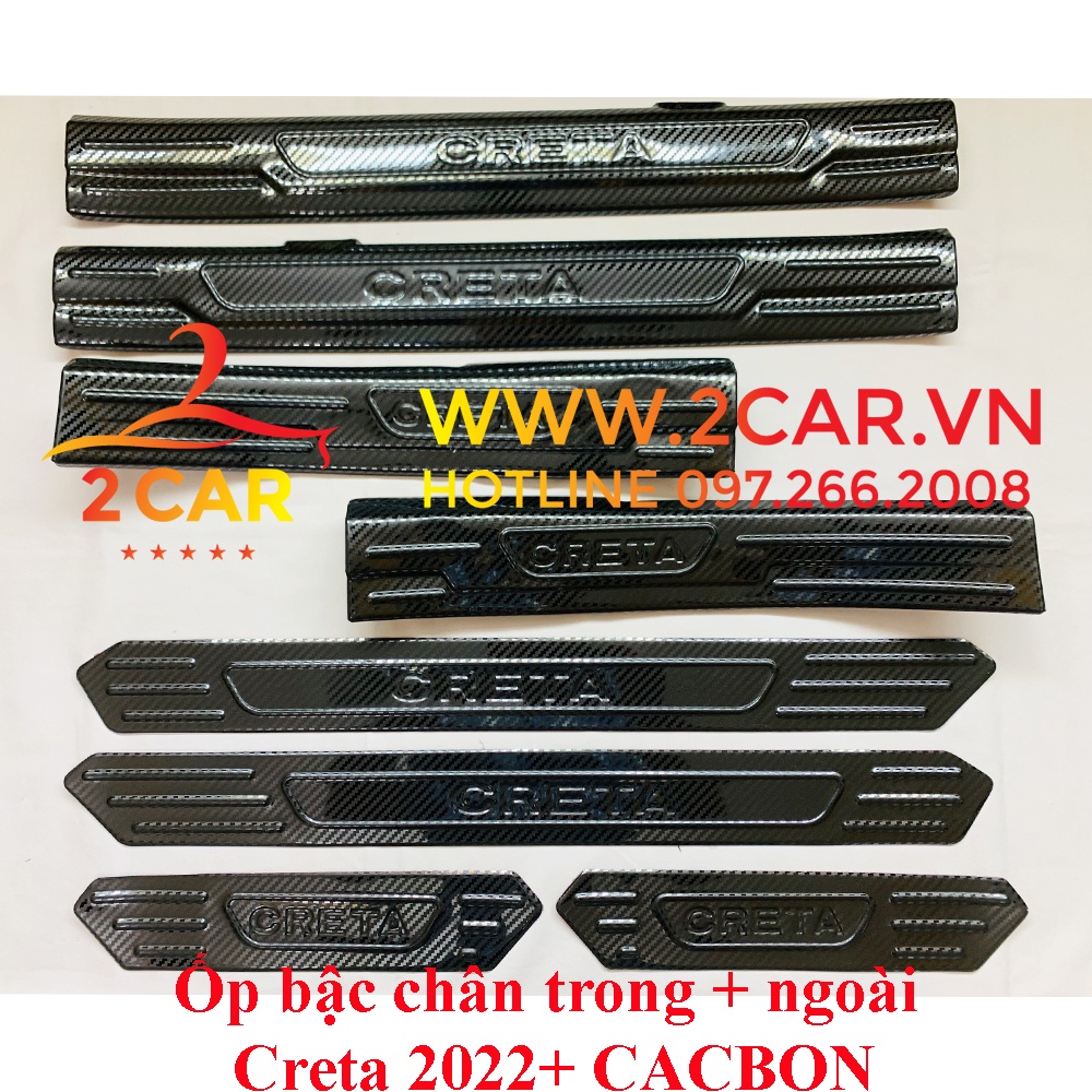 Ốp bậc cửa, nẹp bước chân trong, ngoài CARBON xe Hyundai Creta 2022- 2023, vân CACBON cao cấp