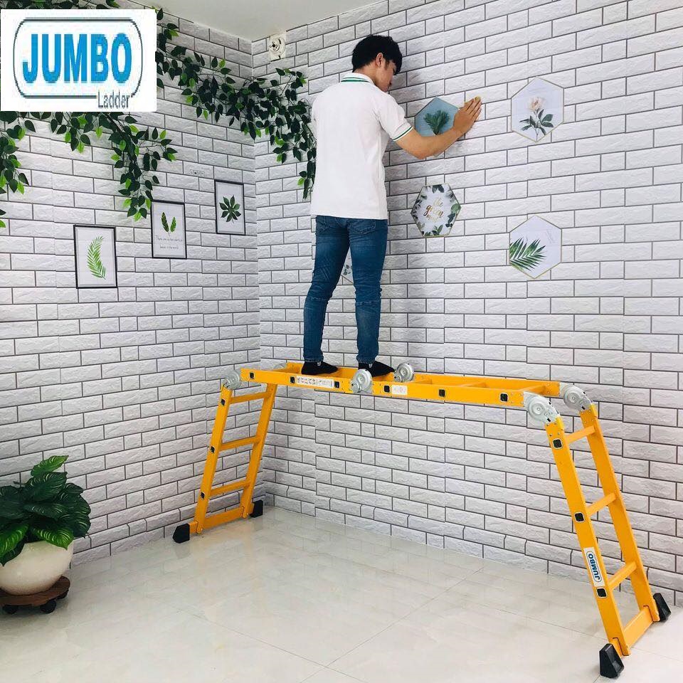 Thang Chữ A, Thang nhôm gấp 4 đoạn JUMBO B304, chữ A - 2.26m, chữ I - 4.7m, 14 tư thế sử dụng, tải trọng 300kg - Chắc chắn, tiện dụng - Sơn vàng tĩnh điện chống trầy xước rỉ sét - Luôn có phụ kiện thay thế