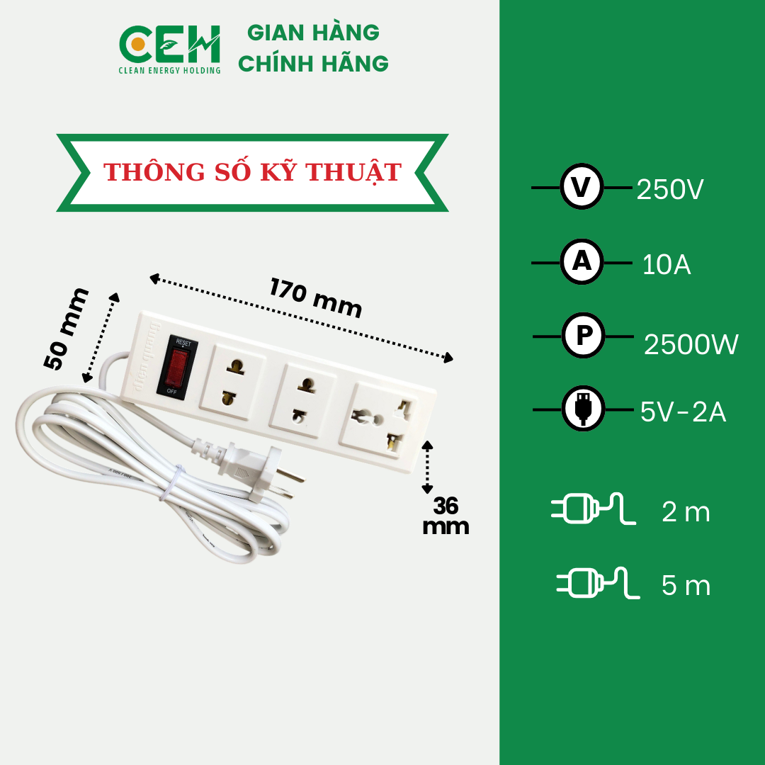 Ổ cắm Điện Quang ĐQ 002A-02 3 lỗ, dài 2 mét và 5 mét, tự ngắt điện khi quá tải, an toàn 99.9% cho người dùng