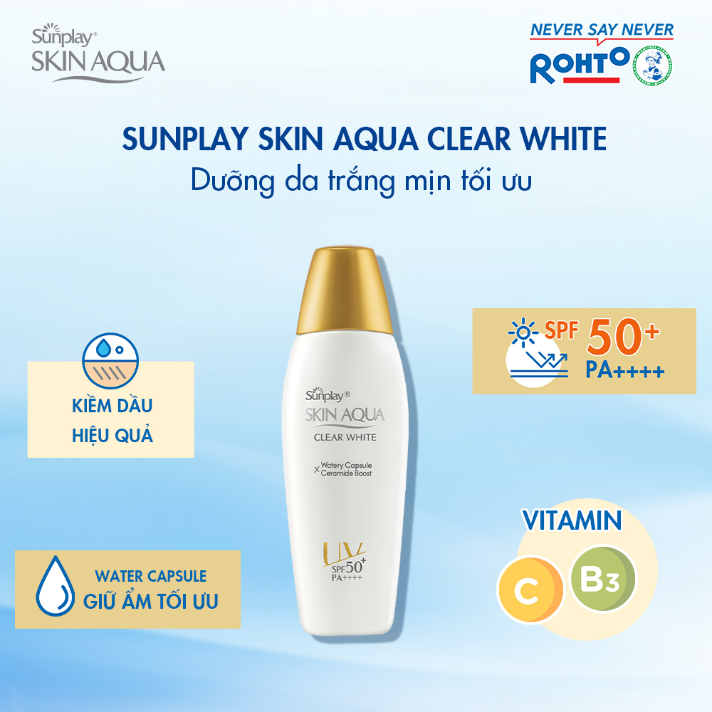 Kem chống nắng Skin Aqua dưỡng trắng, kiểm dầu, dùng hàng ngày dạng sữa Sunplay Skin Aqua Clear White Eco Việt Nam SPF50, PA++++ 55g