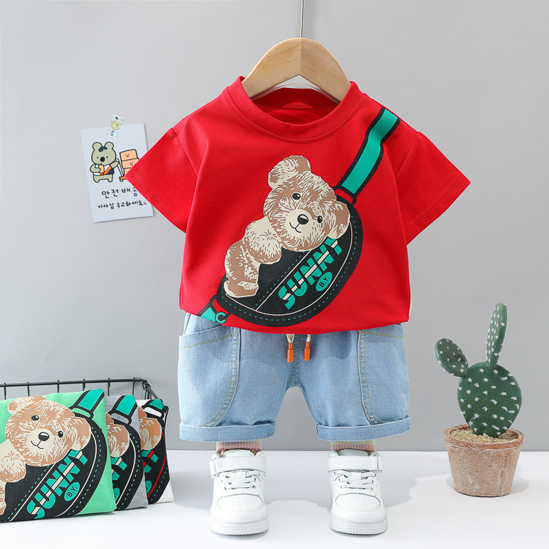Bộ bé trai hình gấu phong cách Hàn Quốc gồm áo và quần denim - Set quần áo bé trai dễ thương từ 9-18kg (SS-2694B)