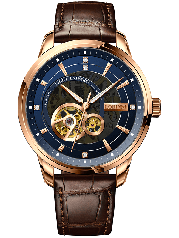 Đồng hồ nam Lobinni L5013-1 Chính hãng ,Kính sapphire nguyên khối ,chống xước,chống nước 50m,mặt xanh vỏ vàng hồng dây da nâu xịn, thép không gỉ 316L,Đồng hồ cơ  bảo hành 24 tháng, hàng mới 100%,thiết kế lộ cơ trẻ trung và sang trọng