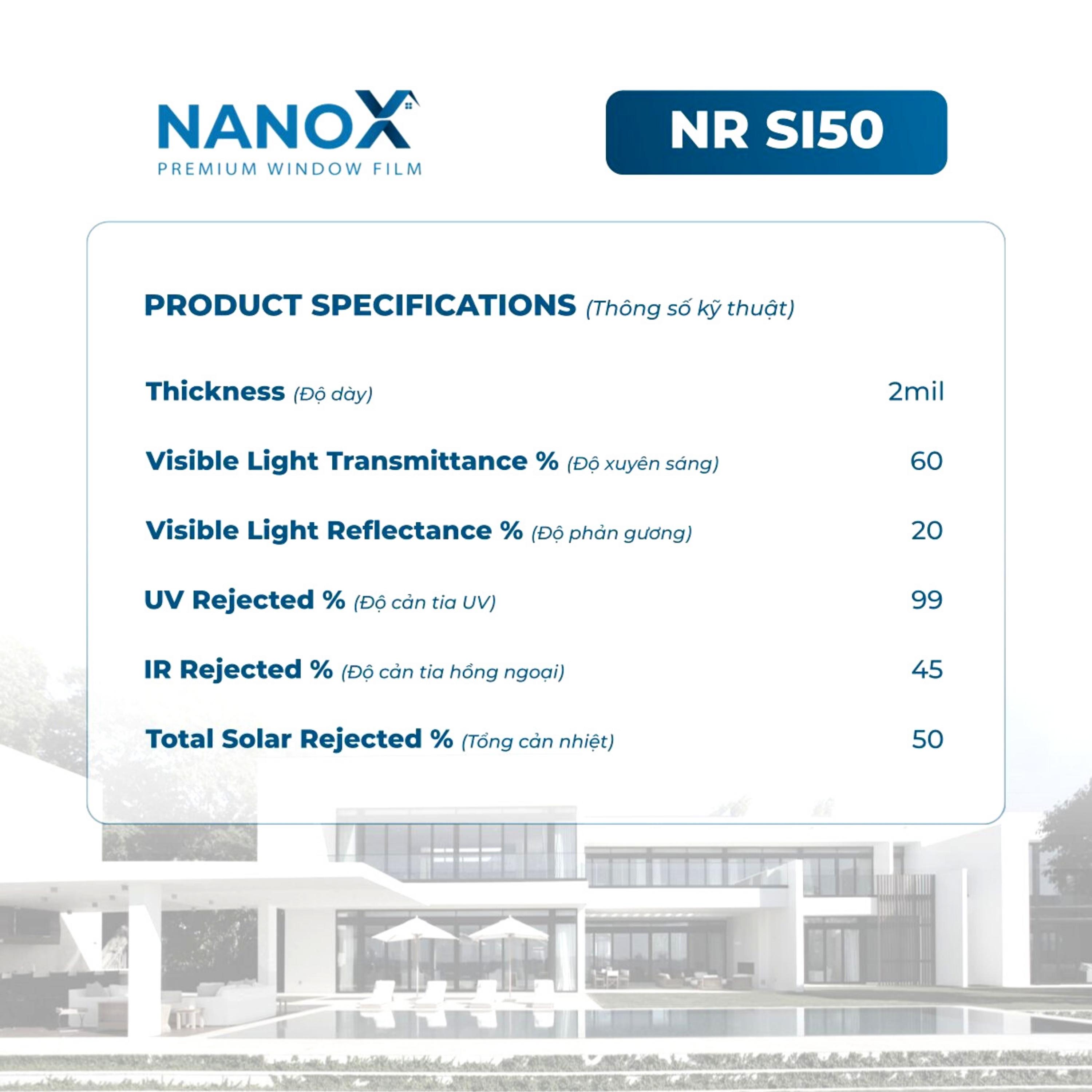 Phim cách nhiệt NanoX NR SI 50 dán cửa kính chống nắng nóng, chống UV, giảm chói
