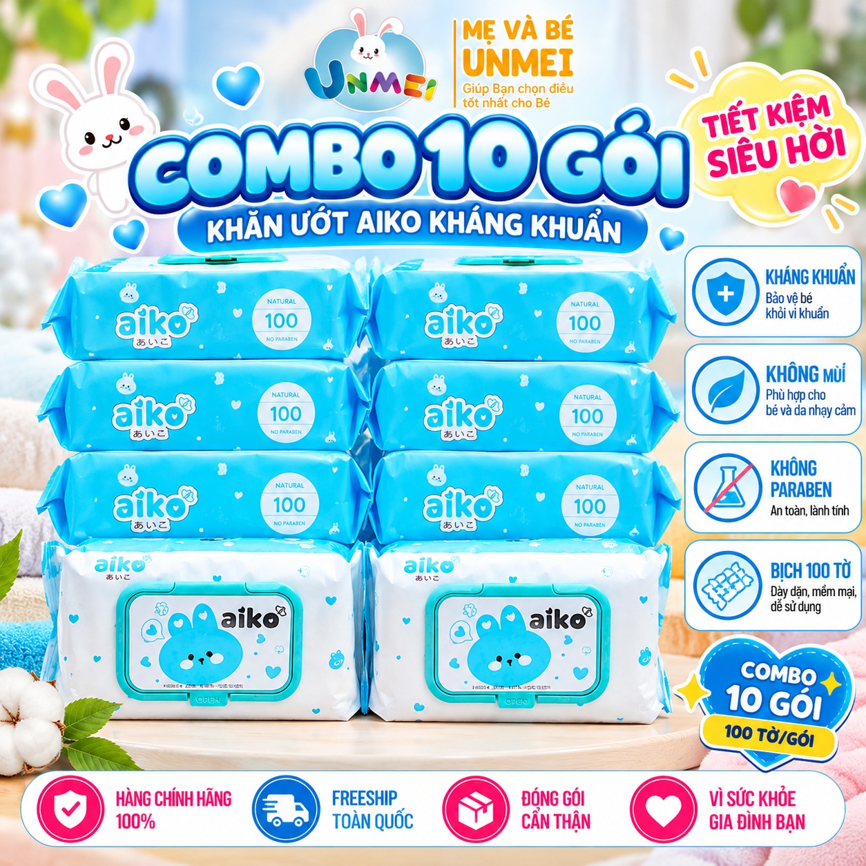 Combo 10 Gói Khăn Ướt Aiko Kháng Khuẩn 100 tờGói không hương màu Xanh